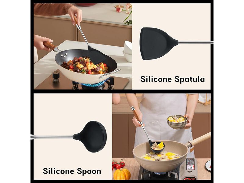 FJNATINH Silicone Wok Spatula and Ladle Tool Set,Stainless Steel Non Stick Heat-Resistant Kitchen Utensils