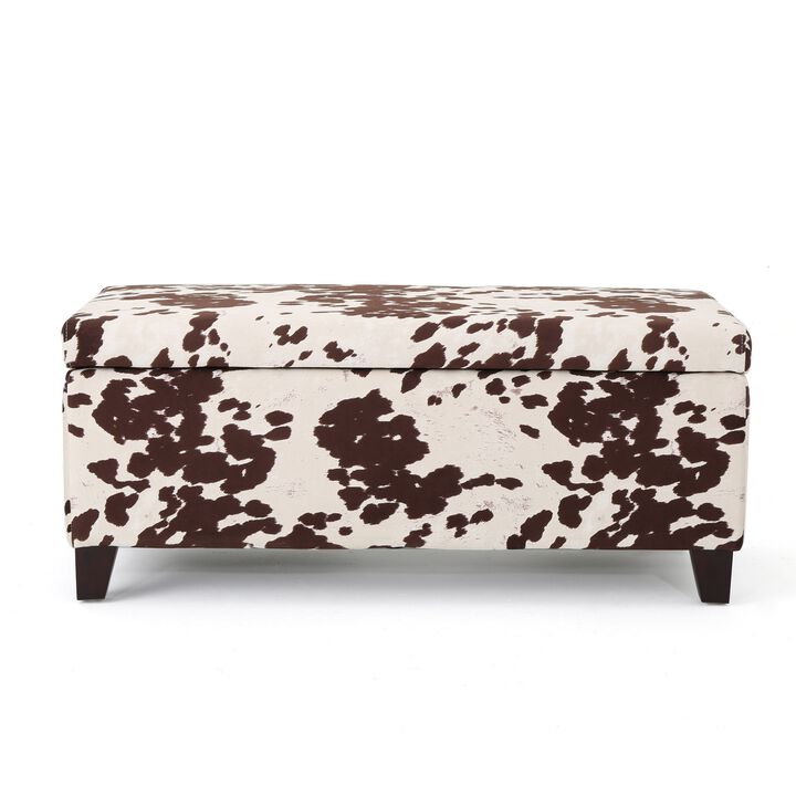 Devi 38 Inch Ottoman w Storage, Brown White Holstein Cow Print Velvet - Benzara