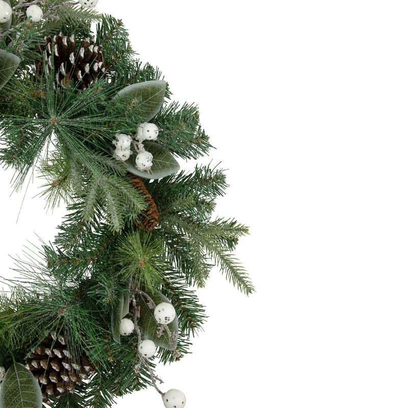 Frosted White Berry and Mixed Pine Artificial Christmas Wreath  24-Inch  Unlit