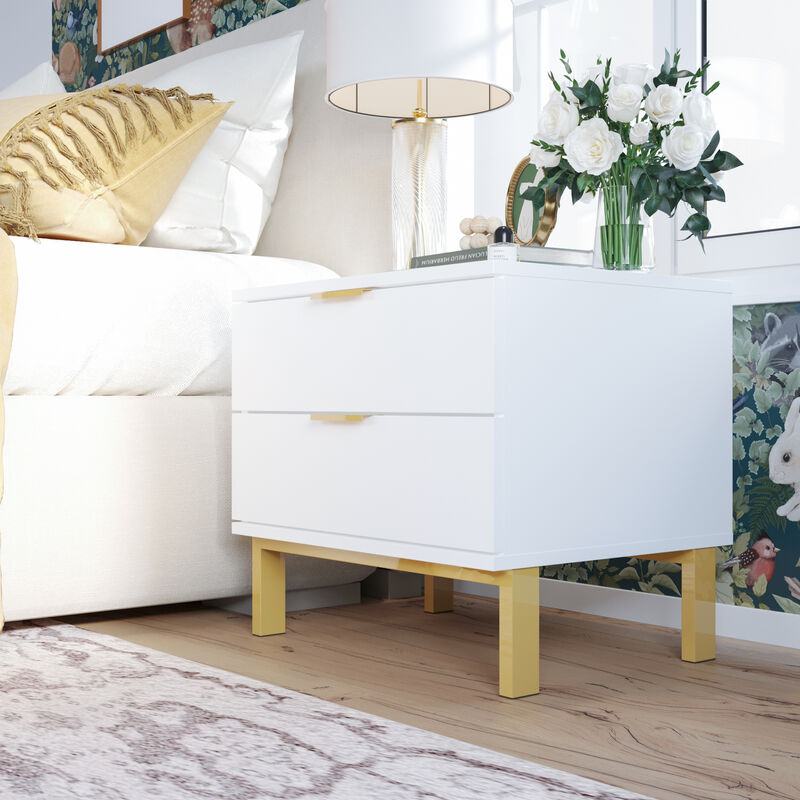 2-Drawer White Wooden Nightstand Bedside Table with 4-Gold Metal Legs 15.7 in. D x 19.7 in. W x 17.9 in. H