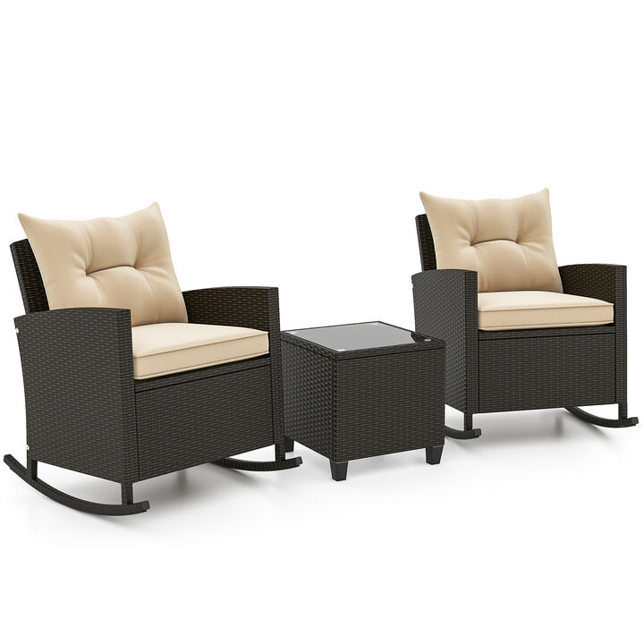 Patio Rattan Roker Chairs with Tempered Glass Table and Soft Cushions