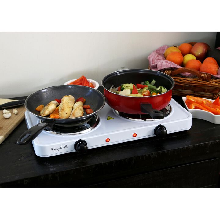 MegaChef Electric Easily Portable Ultra Lightweight Dual Coil Burner Cooktop Buffet Range in White