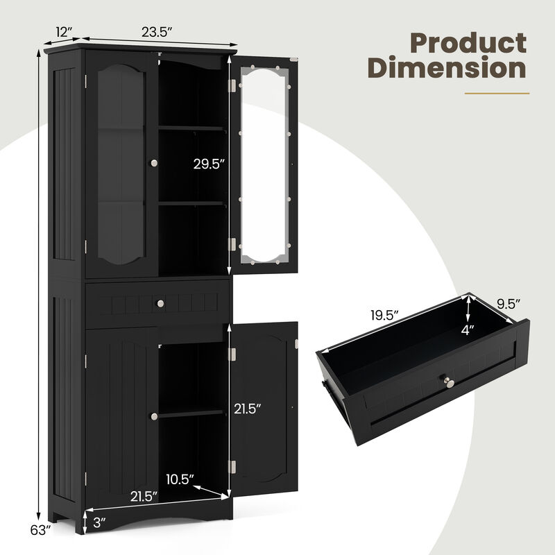 Tall Bathroom Storage Cabinet with 2 Glass Doors and Adjustable Shelves