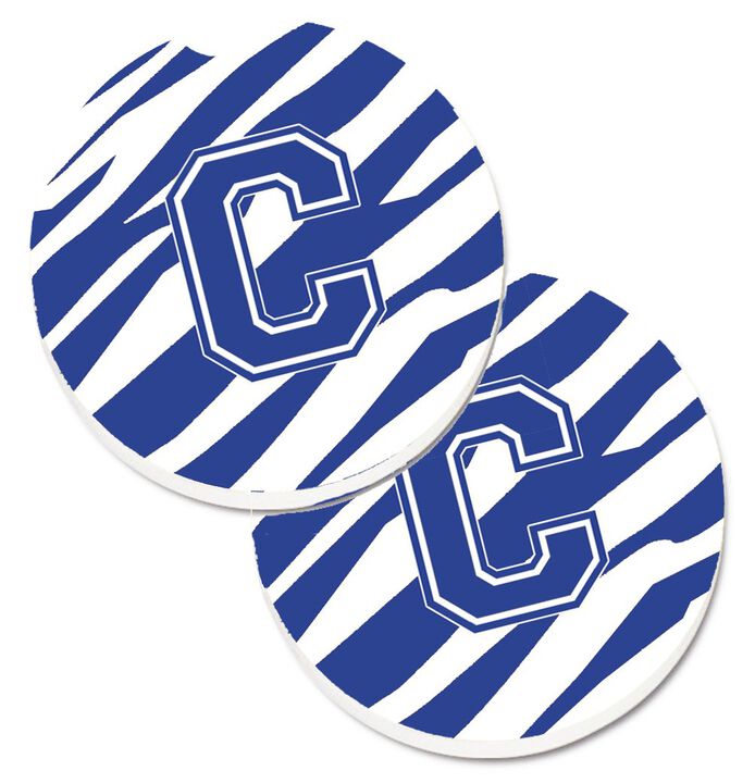 Caroline's Treasures Monogram Initial C Tiger Stripe Blue & White Set of 2 Cup Holder Car Coasters CJ1034-CCARC, 2.56, Multicolor