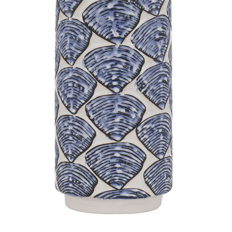 27 Inch Coastal Ceramic Table Lamp, Dimmer, Sea Shells, Blue-Benzara