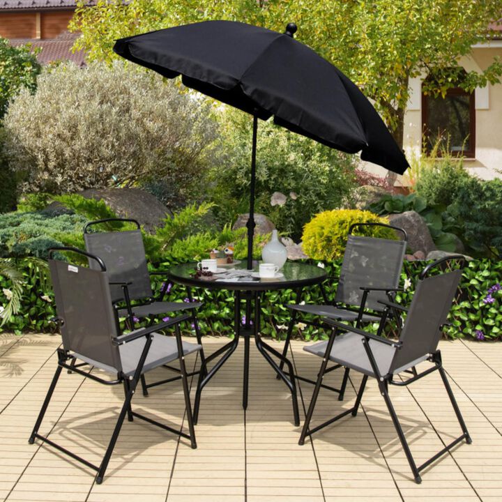 Hivvago 6 Pieces Patio Dining Set Folding Chairs Glass Table Tilt Umbrella for Garden-Gray