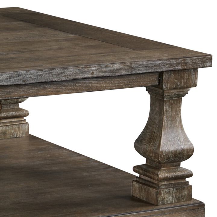 Classic 54 Inch Coffee Table, Baluster Legs, Spacious Top, Weathered Gray-Benzara