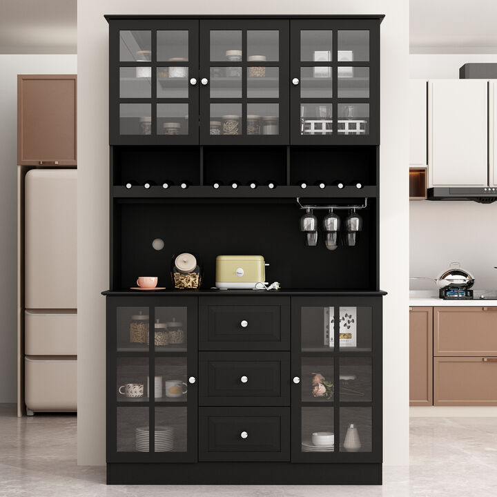 Kitchen Pantry Buffet Bar Cabinet with Glass Door, Kitchen Hutch Cabinet with Drawers, Glass Holder and Wine Rack