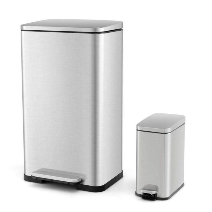 Hivvago 10.5 Gal and 1.6 Gal Step Trash Can Combo Set with Detachable Inner Buckets-Silver