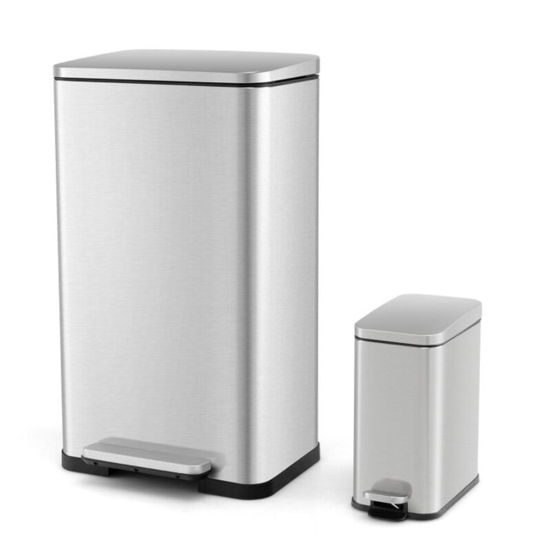 Hivvago 10.5 Gal and 1.6 Gal Step Trash Can Combo Set with Detachable Inner Buckets-Silver