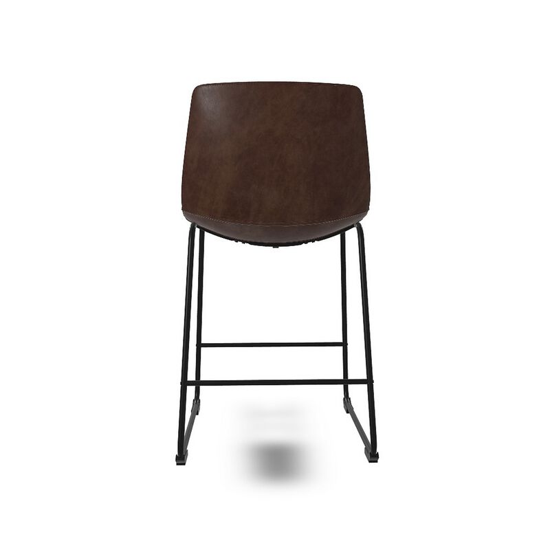Tia Counter Height Chair Set of 2, Brown Faux Leather, Bucket Seat - Benzara