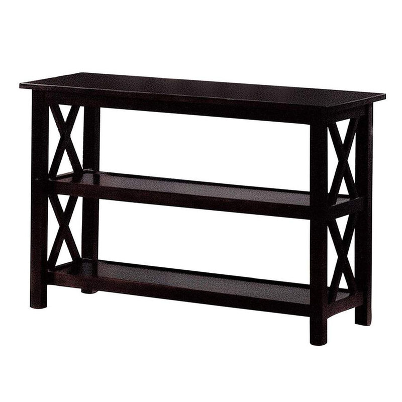 Transitional Wooden Sofa Table With "X" Side Design & Two Shelves, Dark Brown-Benzara