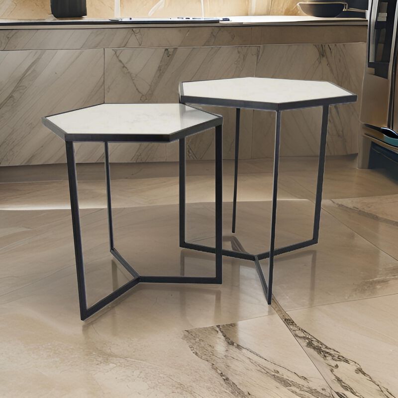 Plant Stand Table Set of 2, Black Metal Frame, Hexagonal White Tabletop - Benzara