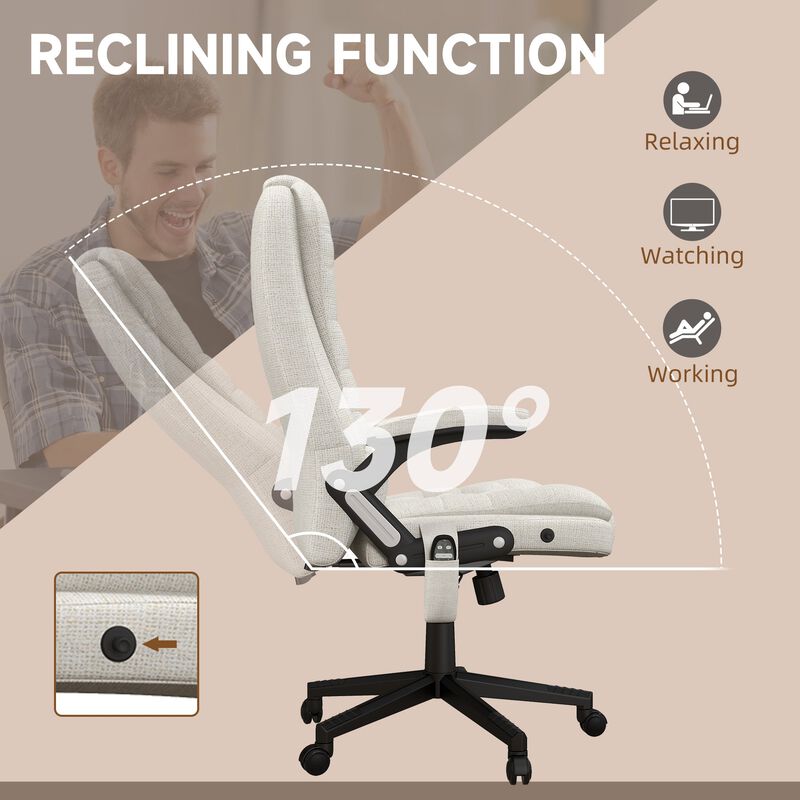 Cream White Linen Massage Chair: Heated, Reclining, Remote