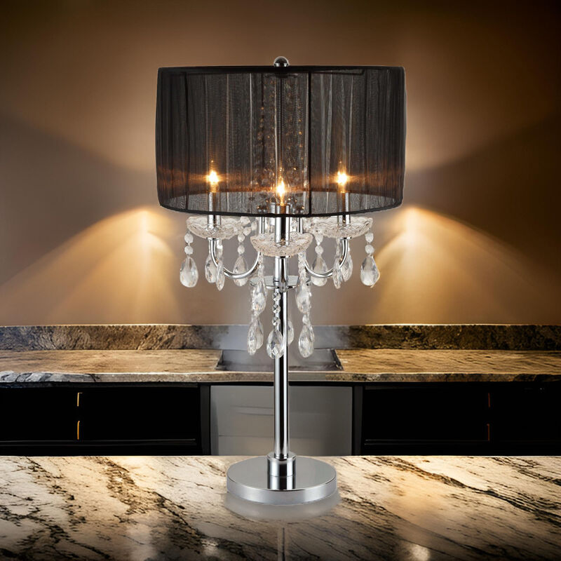 Metal Chandelier Table Lamp with Crystal Accent, Set of 2,Black and Chrome-Benzara