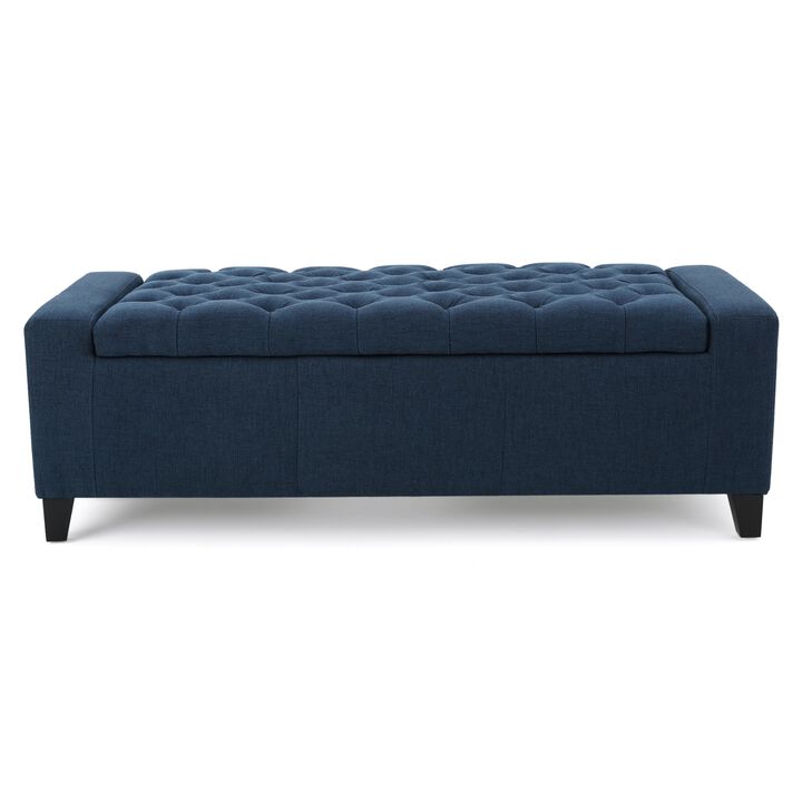Storage Ottoman Bench, 51 Inch, Deep Button Tufted Dark Blue Fabric - Benzara