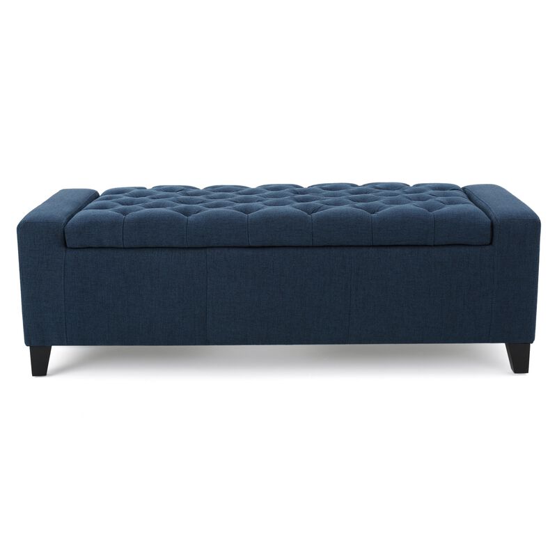 Storage Ottoman Bench, 51 Inch, Deep Button Tufted Dark Blue Fabric - Benzara