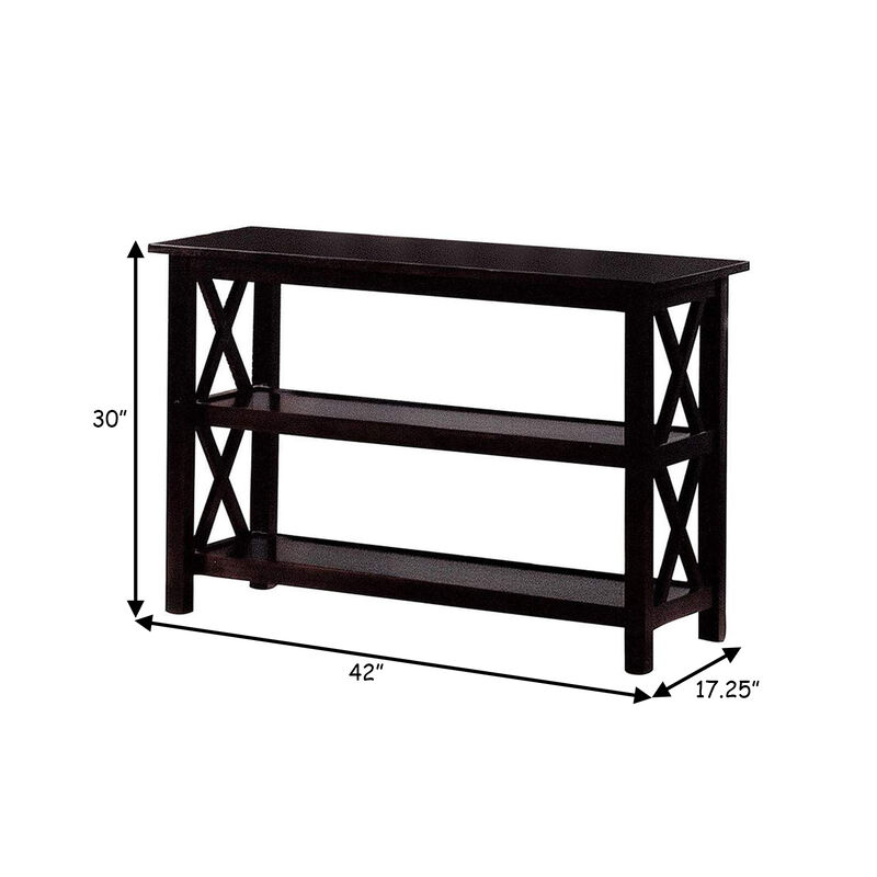 Transitional Wooden Sofa Table With "X" Side Design & Two Shelves, Dark Brown-Benzara