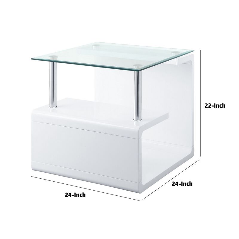24 Inch Square Accent End Table, Glass Top, Open Shelf, White, Chrome-Benzara