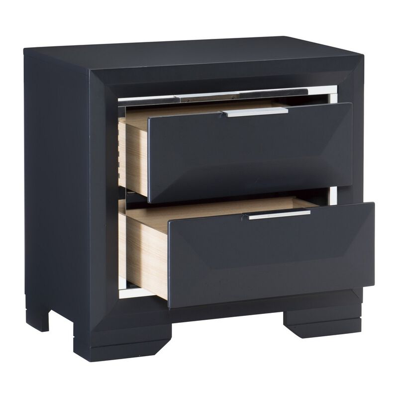 Rosy 27 Inch Nightstand, 2 Drawers, Chrome Accents, Midnight Blue Wood - Benzara