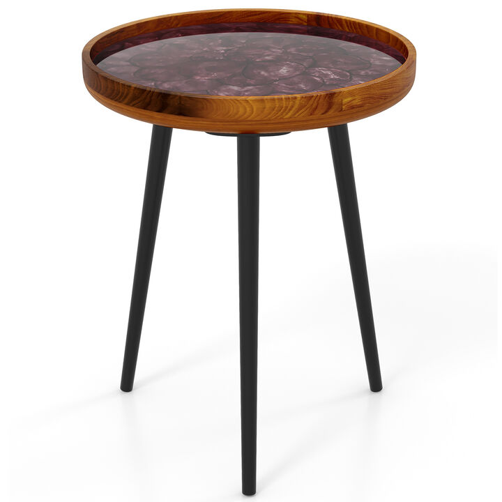 Round End Table with Sea Shell Decoration and Epoxy Resin Finish for Coastal or Beach-Themed Decor
