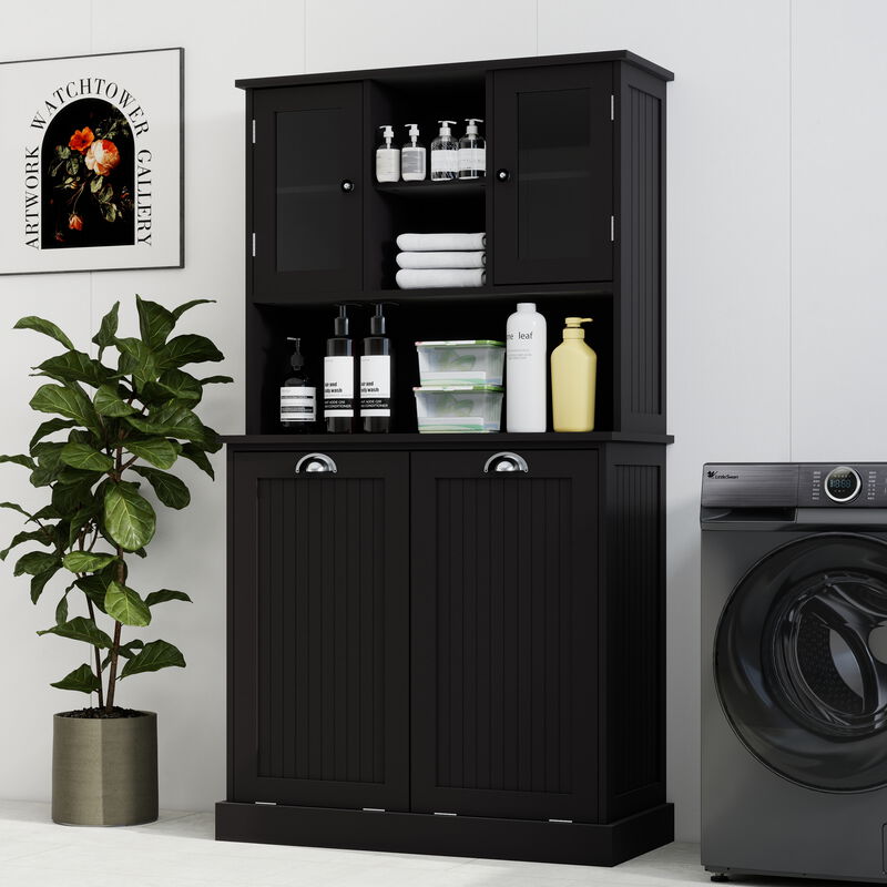 32.68 in. W. x 14.57 in. D x 59.69 in. H Black Freestanding Tilt-Out Linen Cabinet with Adjustable Shelves