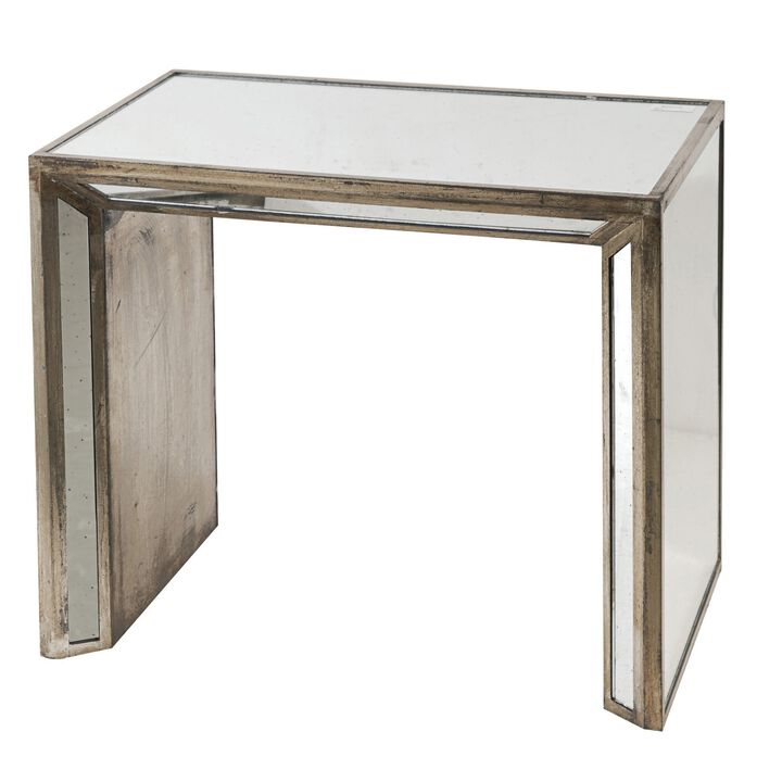 27, 21 Inch Nesting Side Table Set of 2, Mirrored Wood Frame, Silver - Benzara