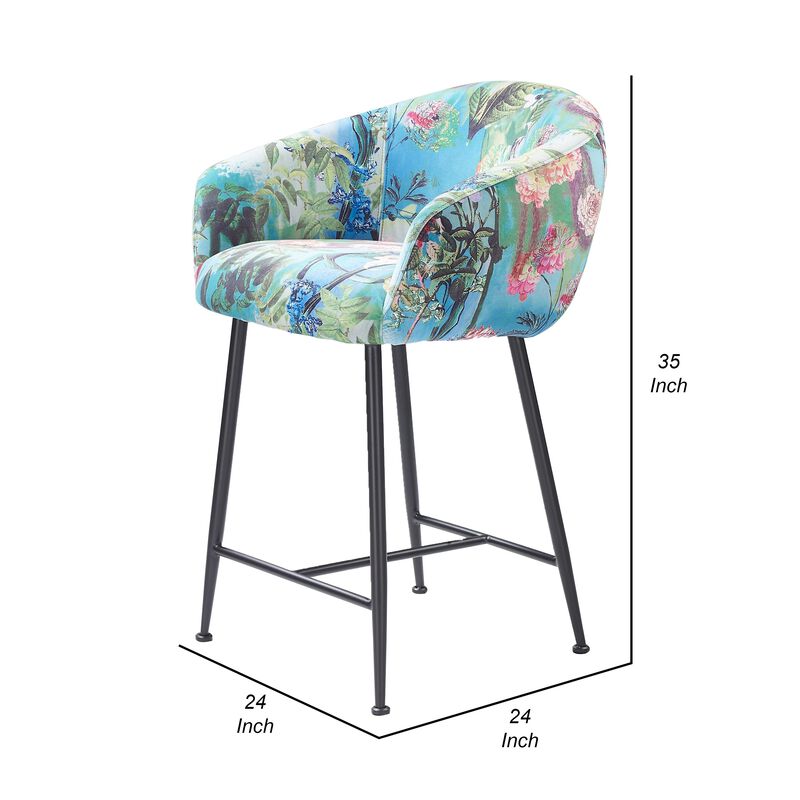 26 Inch Counter Stool Chair, Botanical Floral Print Blue Velvet, Black Legs - Benzara