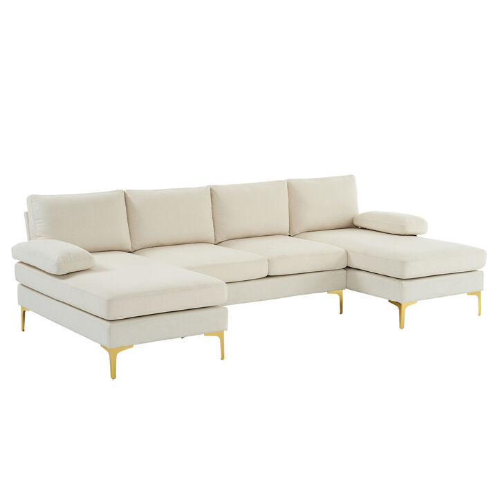 4-Seater U-Shaped Indoor Modular Sofa, Linen Seat with Wooden & Iron Frame, Gold Feet