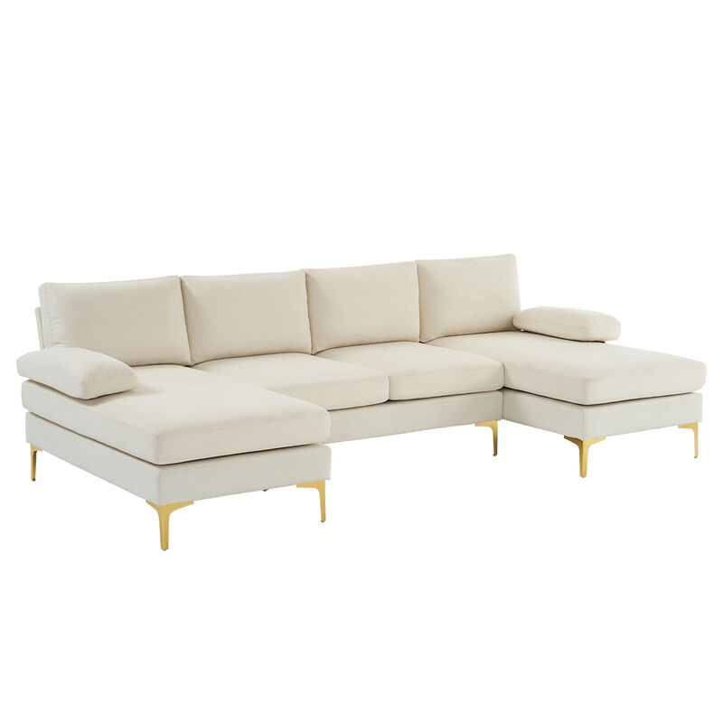 4-Seater U-Shaped Indoor Modular Sofa, Linen Seat with Wooden & Iron Frame, Gold Feet