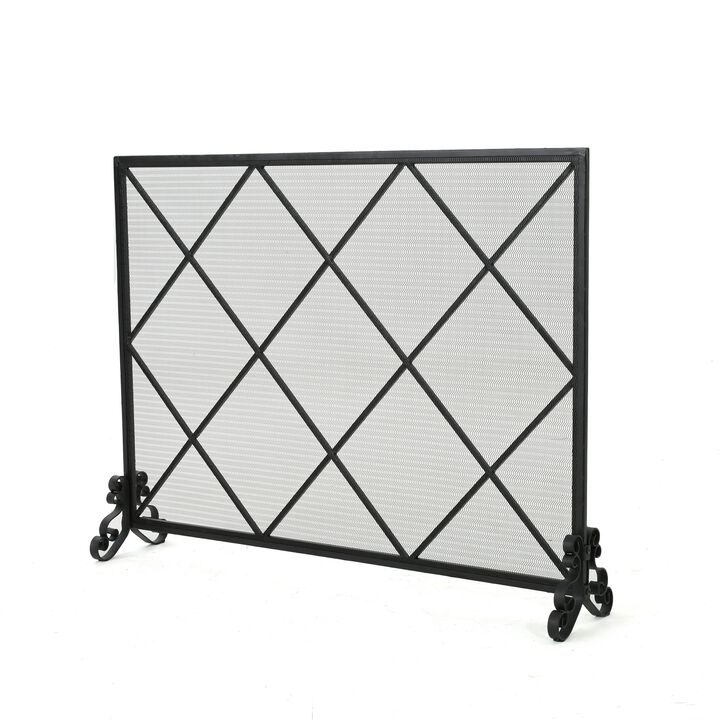 Fireplace Screen, Classic Diamond Shape with Mesh, 41x32 Black Finish -Benzara