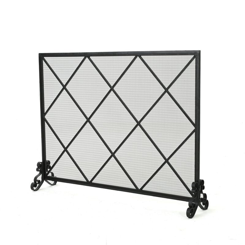 Fireplace Screen, Classic Diamond Shape with Mesh, 41x32 Black Finish -Benzara