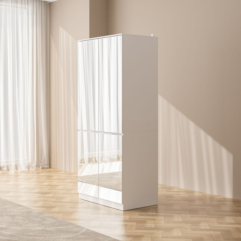 White High Gloss Mirrored Doors 31.5 in. W Wardrobe Armoires W/Mirror Doors, Hanging Rod 70.9 in. H x 15.7 in. D