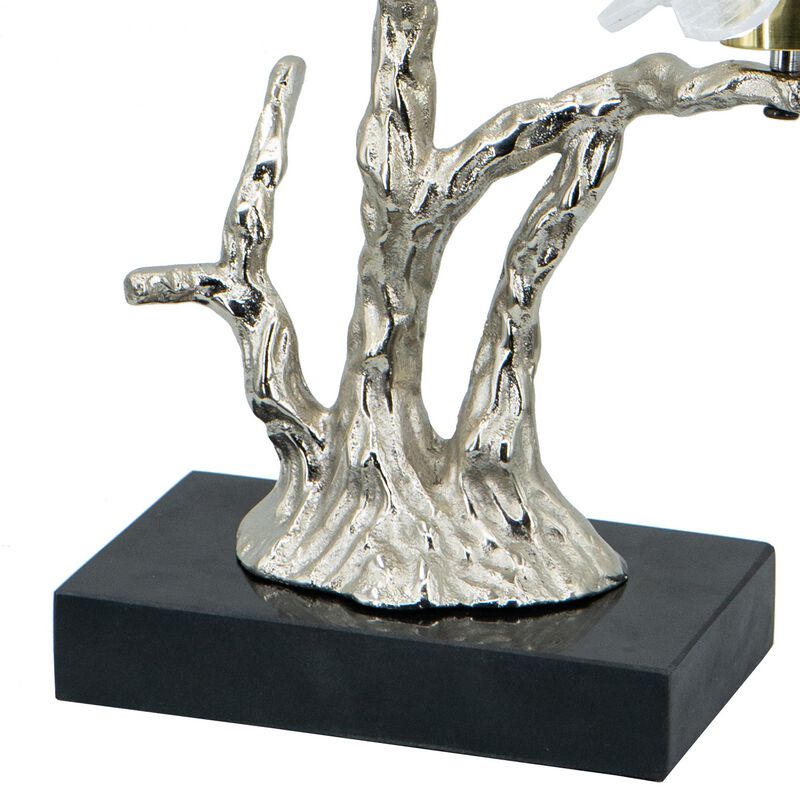 Sue 15 Inch Accent Decor Figurine, Bird on a Branch, Flower, Black, Silver - Benzara