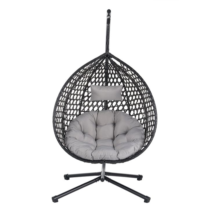 Mondawe Outdoor Hollow-Out Design Rattan Egg Chair,W/ Adjustable Headrest & Iron Base Hanging Chair