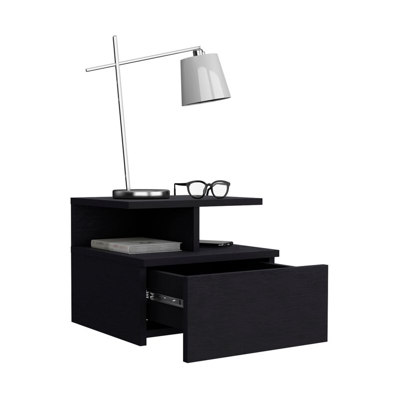 Adele Floating Nightstand with Drawer and Open Storage Shelves- White