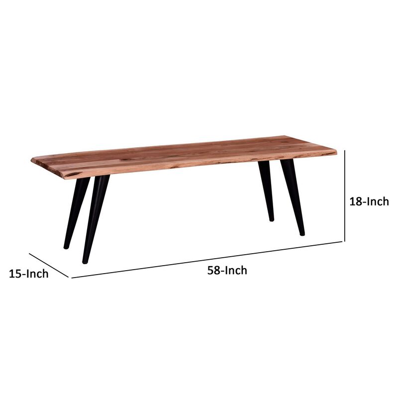 Zor 58 Inch Dining Bench, Live Edge Acacia Wood, Light Oak Brown, Black-Benzara
