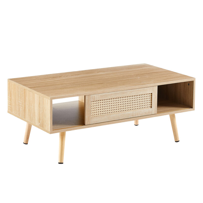 Rattan Coffee Table, Sliding Door For Storage, Solid Wood Legs, Modern Table For Living Room