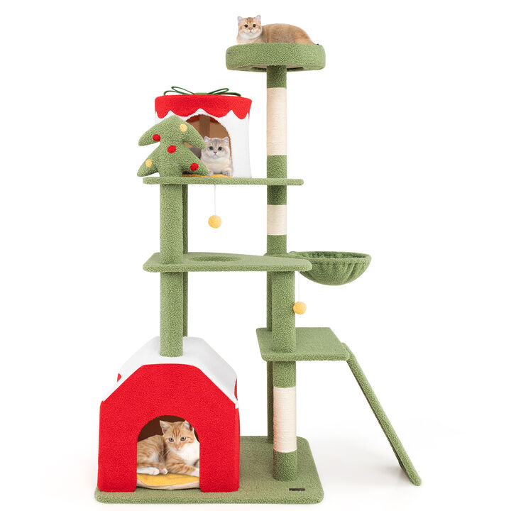 Cute Christmas Cat Tree with Sisal Scratching Posts and 2 Condos