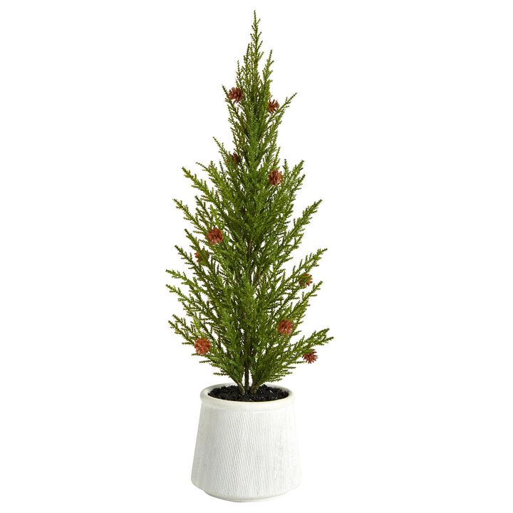 Hivvago 20 Feet Feet Cedar Pine “Natural Look Inches Artificial Tree with Mini Pine Cones in Decorative Planter
