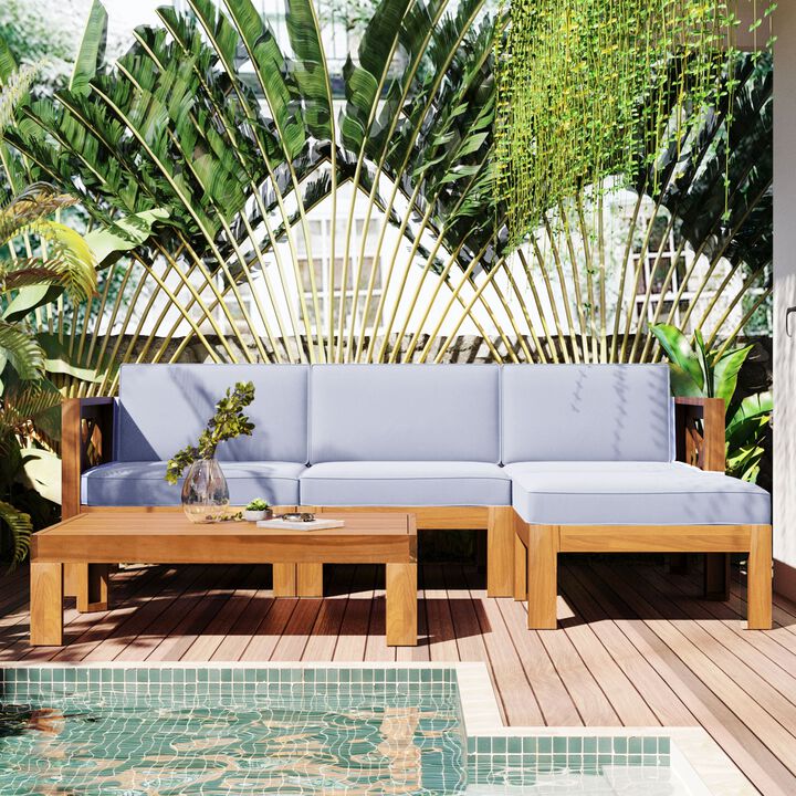 Mondawe Outdoor 5-Piece Acacia Wood Patio Sofa Set With Fabric Cushions And Pillows,Garden Lounging