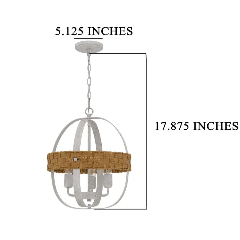 Baty Chandelier, 3 Light Rustic Rattan, Round White Metal 18 Inch - Benzara