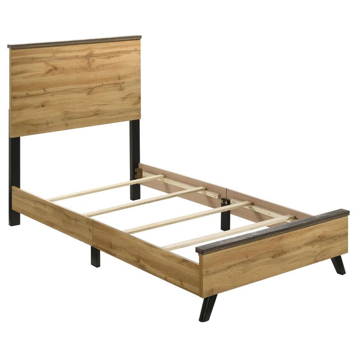 Wemy Twin Size Bed, Tall Panel Headboard, Natural Brown Pine Finish - Benzara