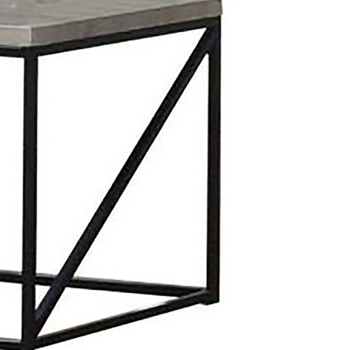 Industrial Style Minimal End Table With Wooden Top And Metallic Base, Gray-Benzara