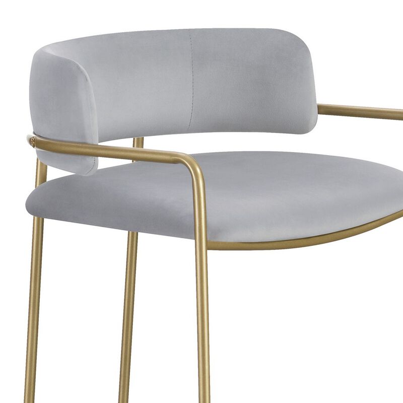 Lox 30 Inch Modern Barstool, Gray Padded Back and Seat, Gold Finish Metal-Benzara