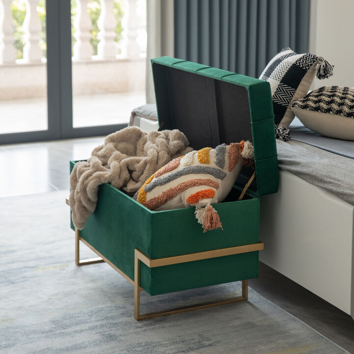 Rectangle Velvet Storage Ottoman Stool Box with Abstract Golden Legs | Decorative Sitting Bench for Living Room Home Decor with Unique Base Support (Green Large)