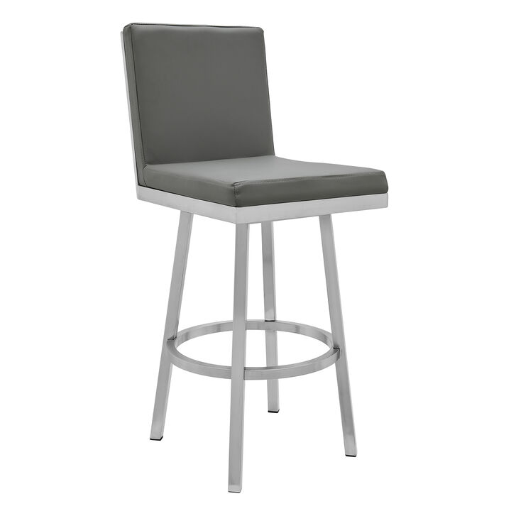 30 Inch Swivel Vegan Faux Leather Cushion Bar Stool, Gray-Benzara