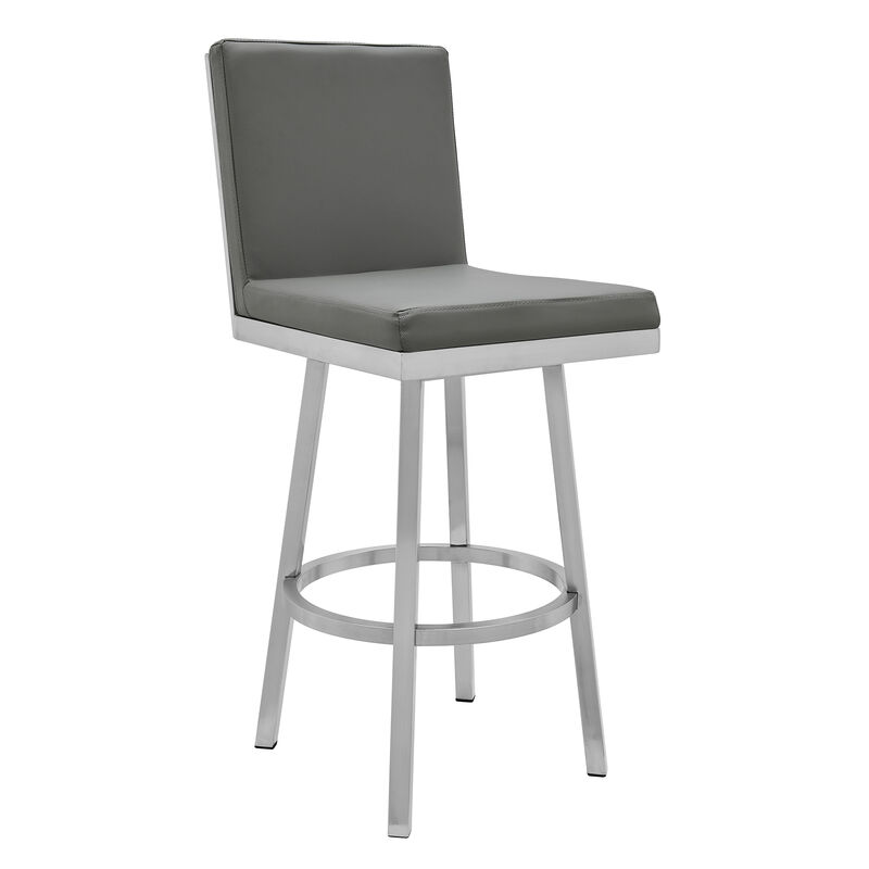 30 Inch Swivel Vegan Faux Leather Cushion Bar Stool, Gray-Benzara