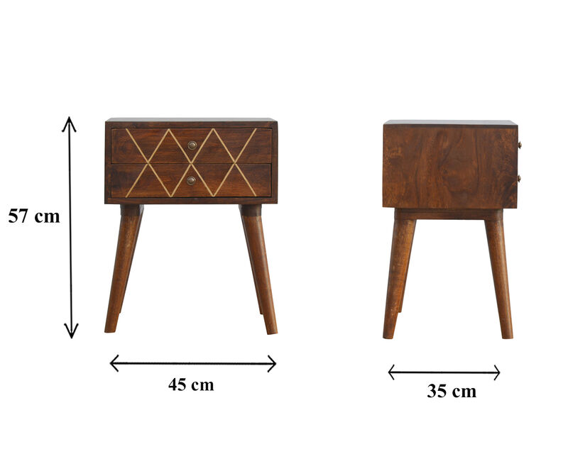 Solid Wood Geometric Brass Inlay 2 Drawer Nightstand