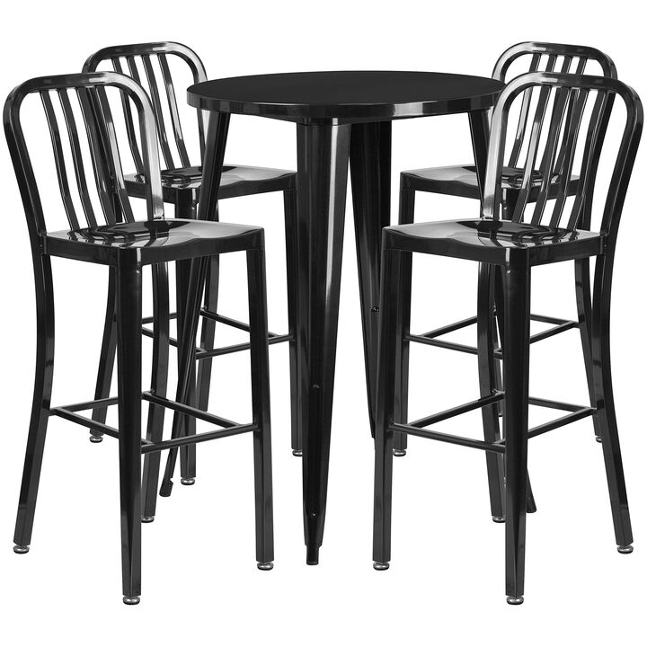 Flash Furniture Commercial Grade 30" Round Black Metal Indoor-Outdoor Bar Table Set with 4 Vertical Slat Back Stools